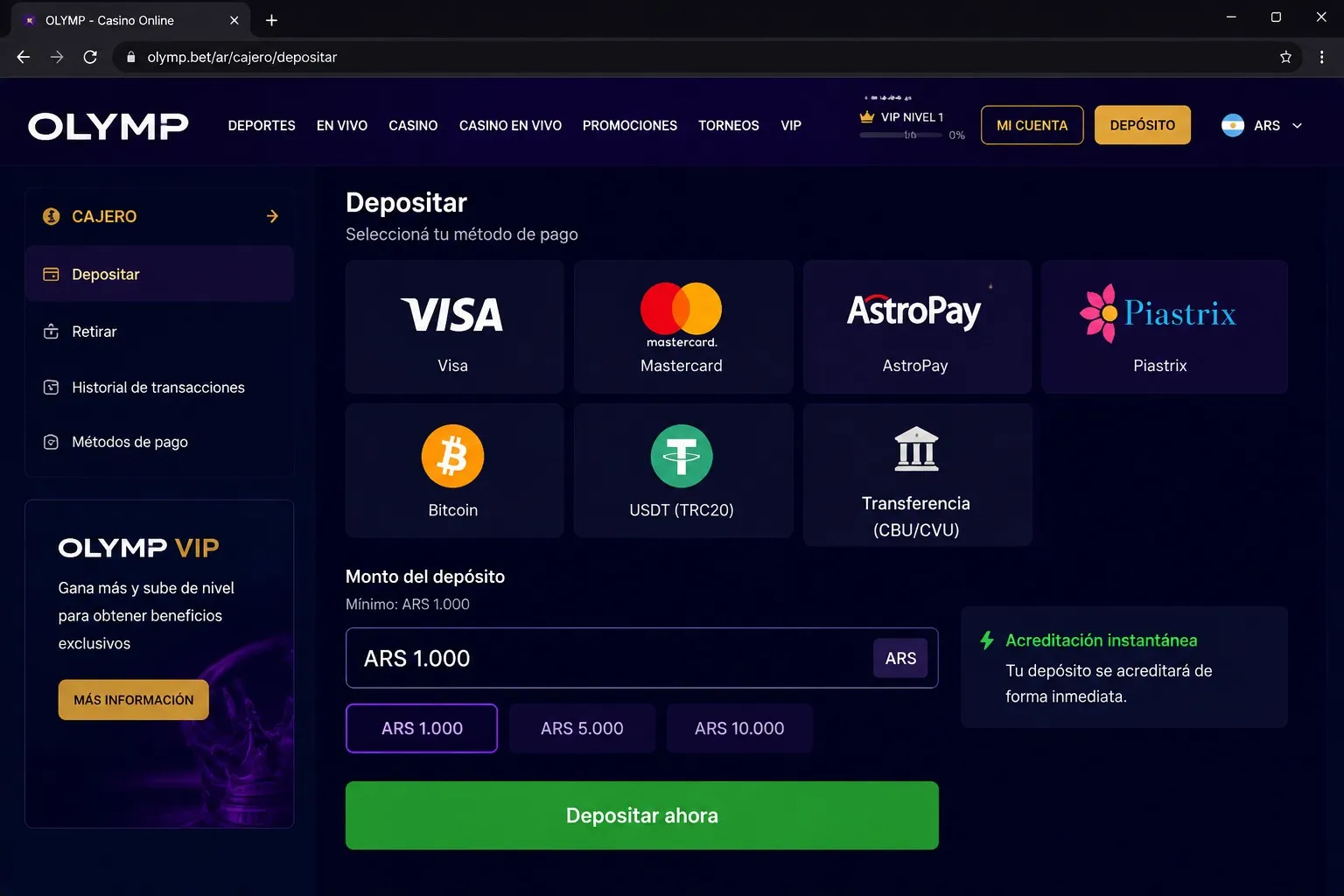Métodos de pago y retiros de olimp casino en Argentina
